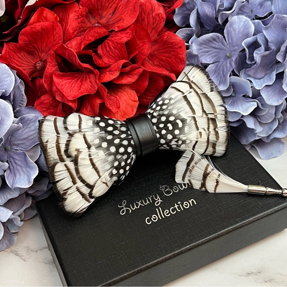 Handmade Black and White Feather Bow Tie Boutonnière Lapel Pin Set - Picture 8 of 16